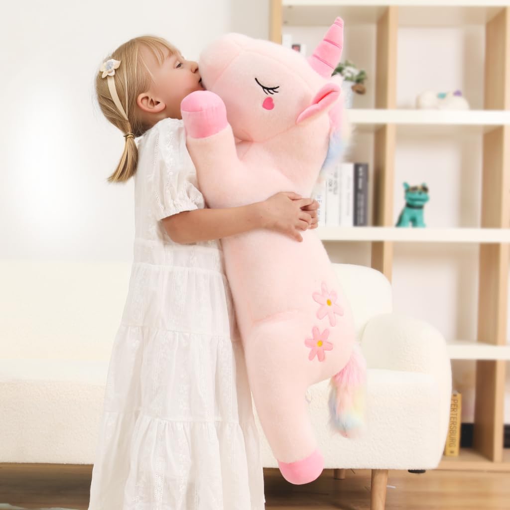 Peluche de unicornio rosa gigante lindo de 32 pulgadas, almohada de...