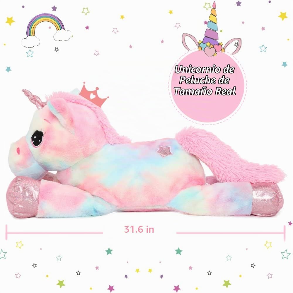 Muiteiur Peluche de unicornio rosa de 31.6 pulgadas, unicornio de p...