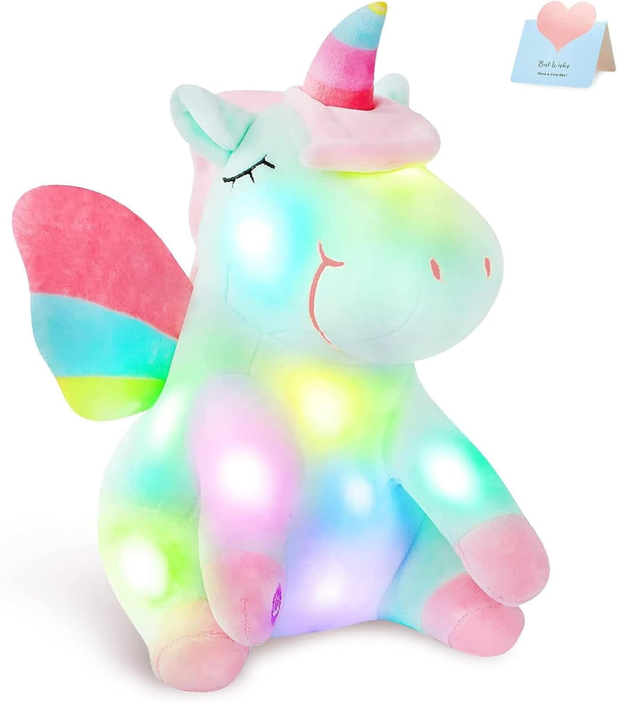 Athoinsu Juguete suave de peluche de unicornio verde iluminado con...