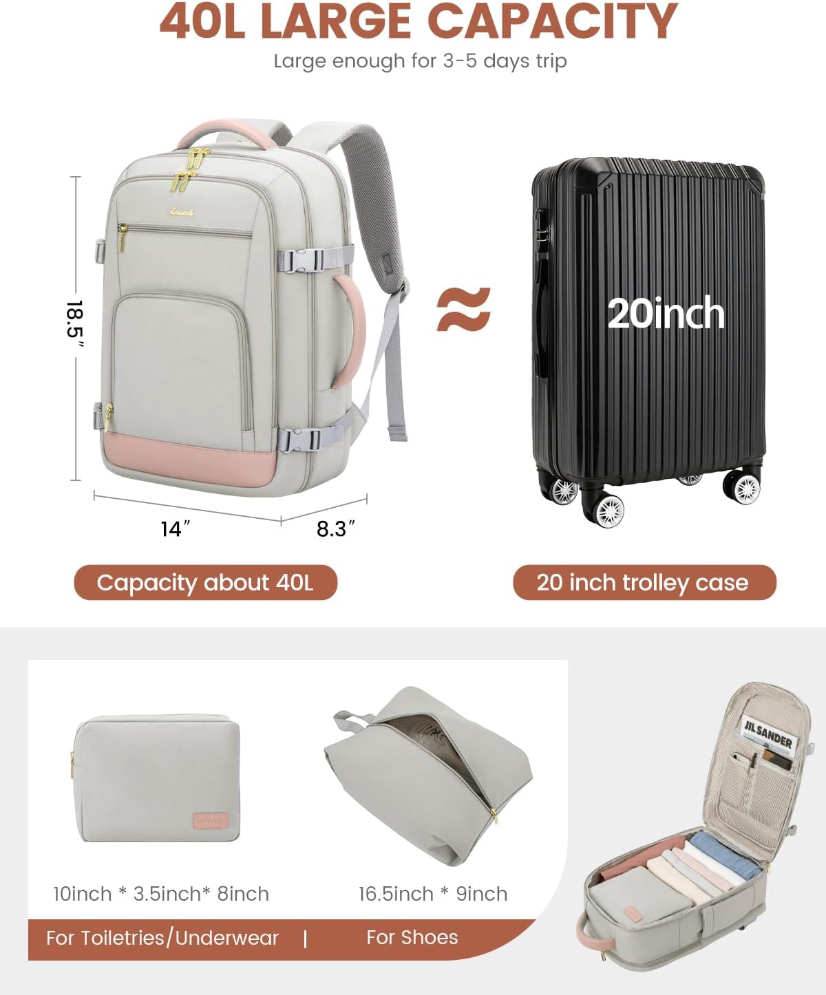 LOVEVOOK - Mochila de viaje para mujer, mochila de transporte de 40...