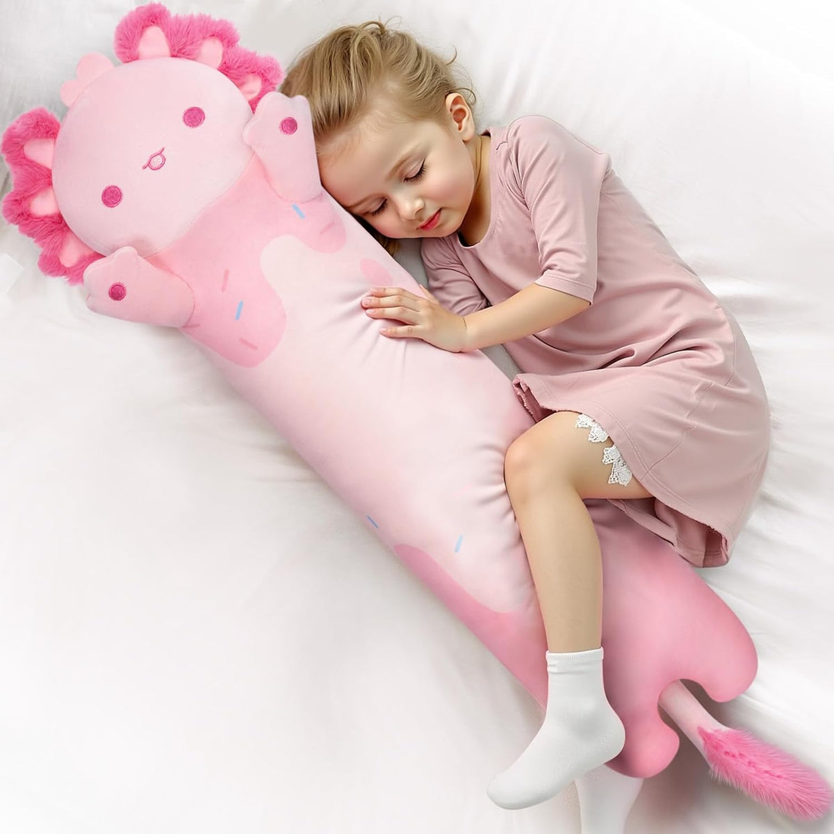 Mewaii Axolotl - Almohada corporal de felpa rosa de 43 pulgadas, re...