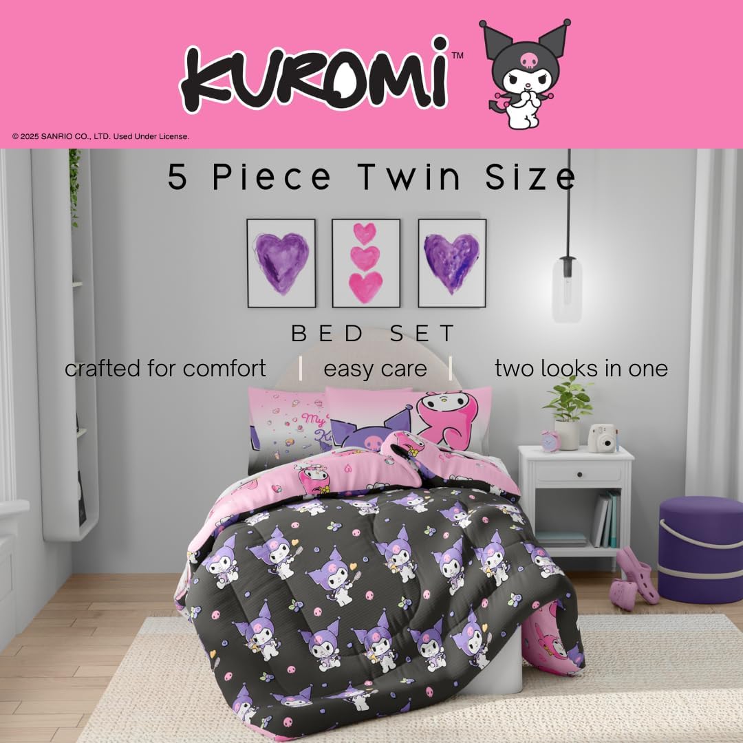 Franco - Juego de ropa de cama Sanrio Kuromi & My Melody 5 piez...