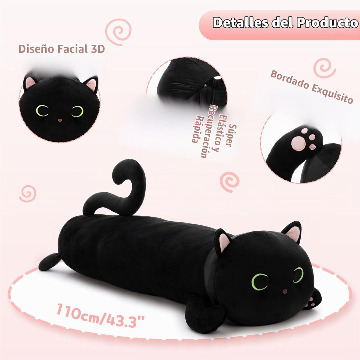MaoGoLan Almohada corporal de felpa de gato negro, 44 pulgadas, jug...