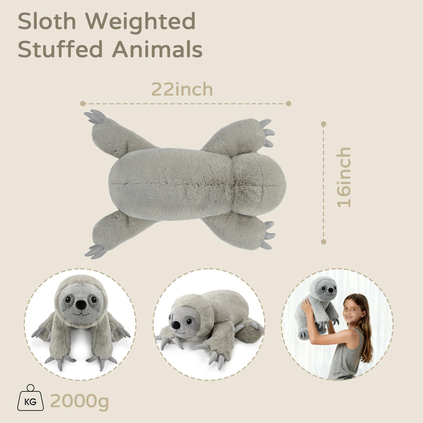 JUSTQUNSEEN Animales de peluche con peso de perezoso de 4.5 libras...