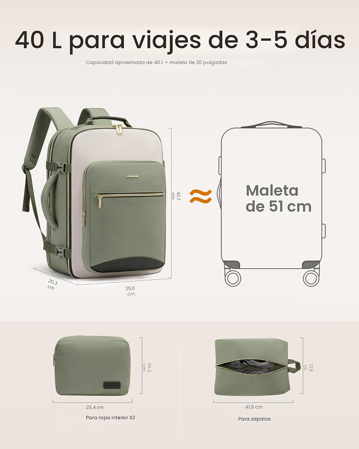LOVEVOOK Mochila de viaje de 40 L para mujeres y hombres, equipaje...