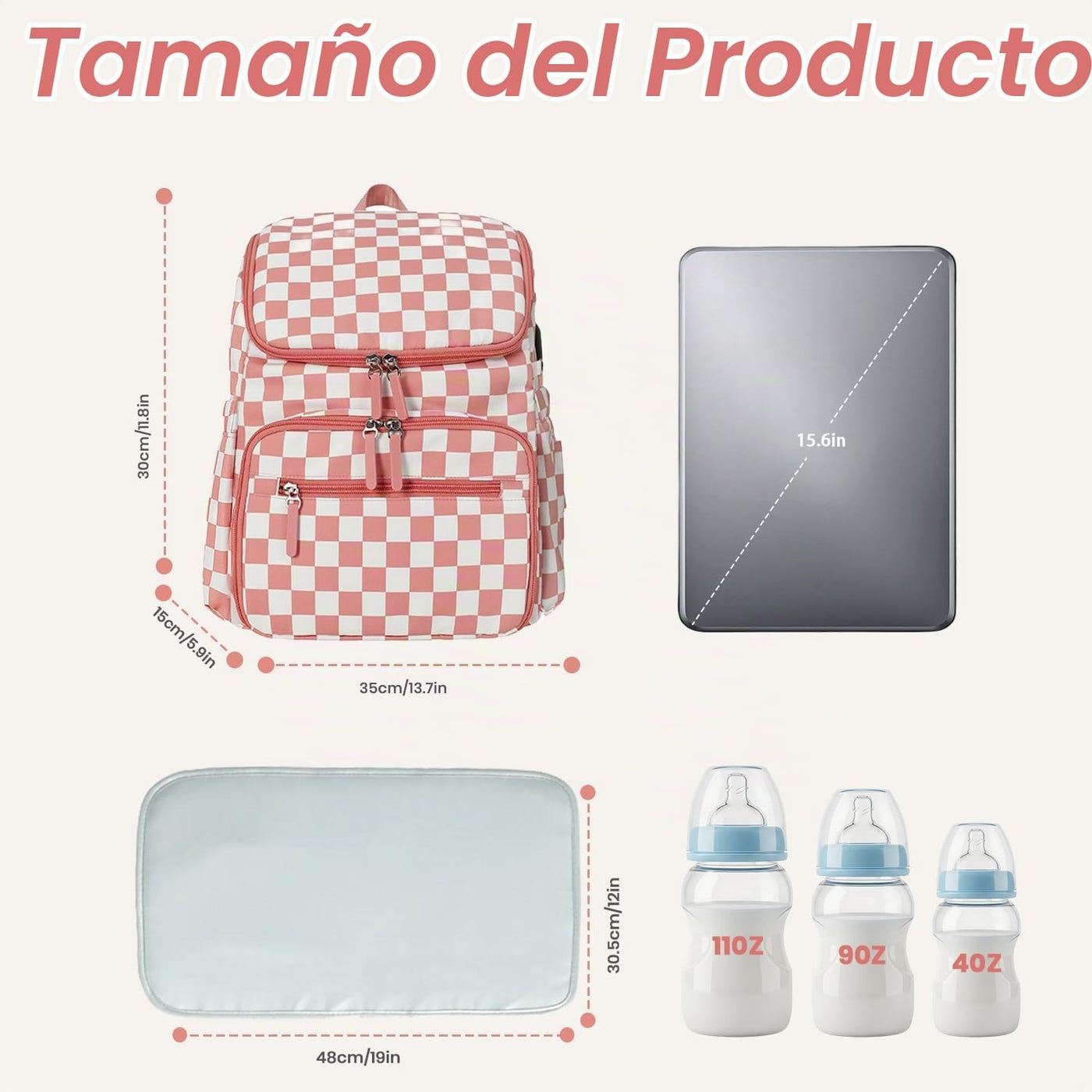 FHELAD Mochila de pañales a cuadros con cambiador y clips para coch...