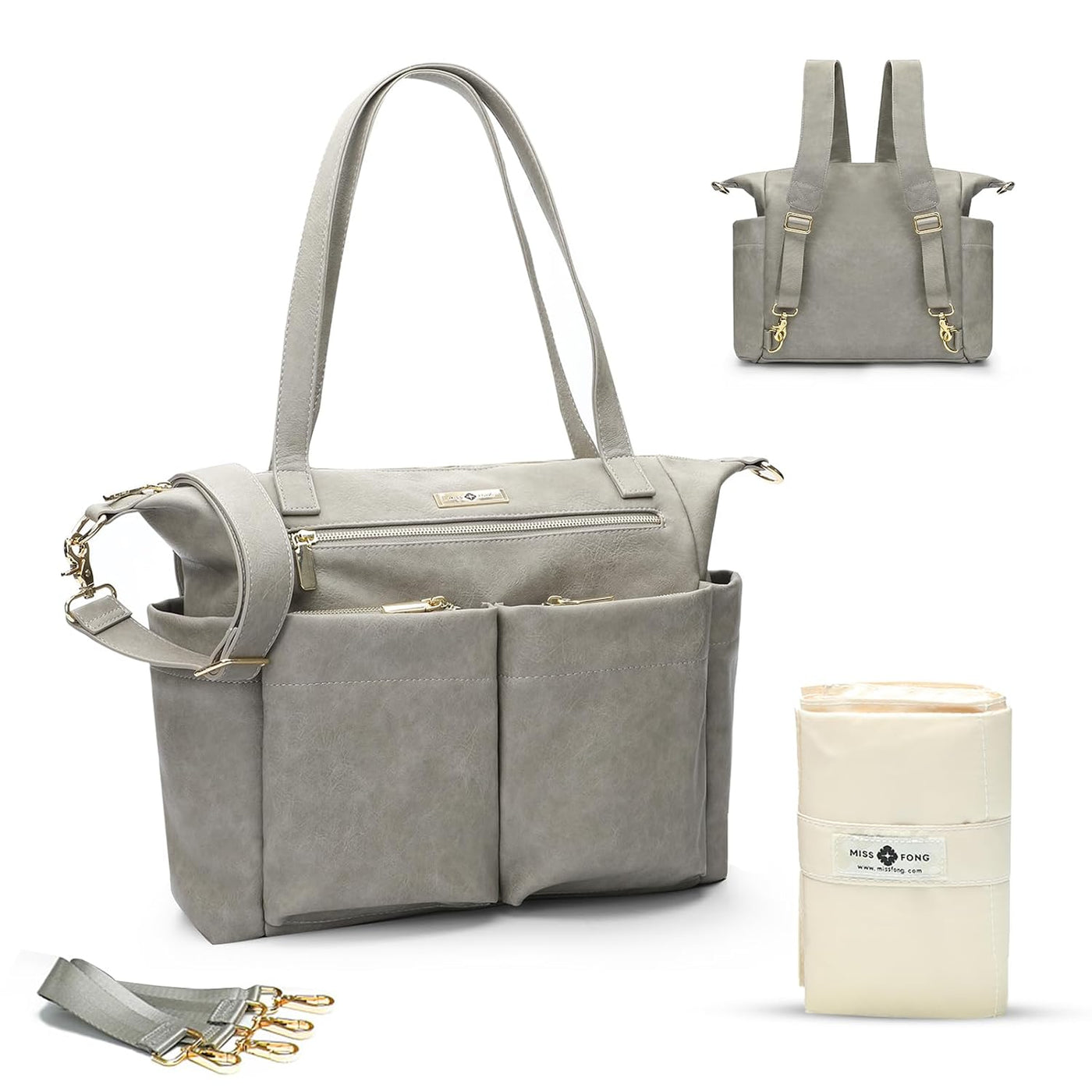 Miss Fong Bolso de cuero para pañales con almohadilla para cambiar,...