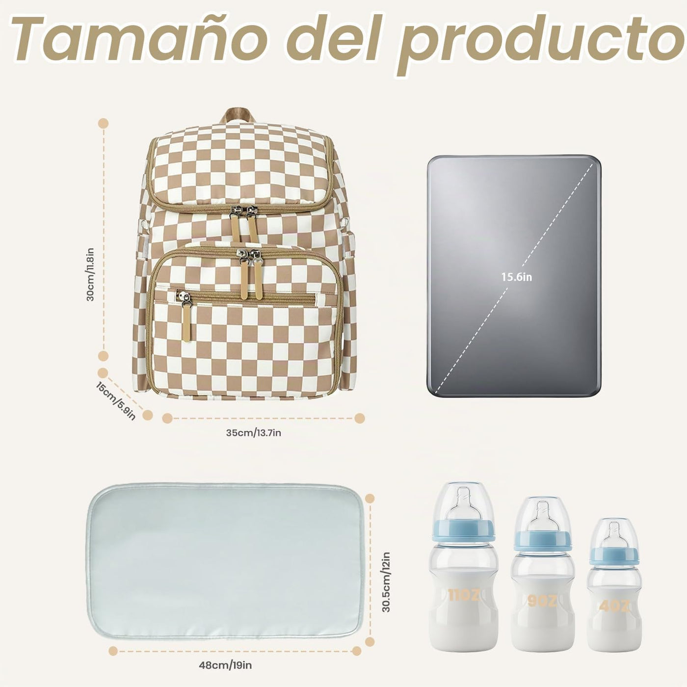 FHELAD Mochila de pañales a cuadros con cambiador y clips para coch...