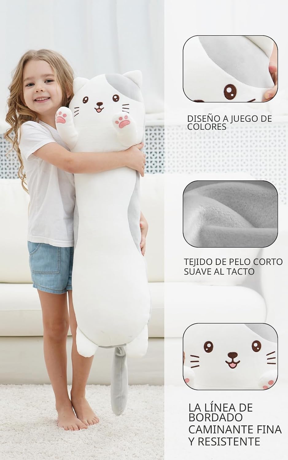 Dalmao - Muñeco de felpa de gato de 91 cm, almohada larga y suave c...