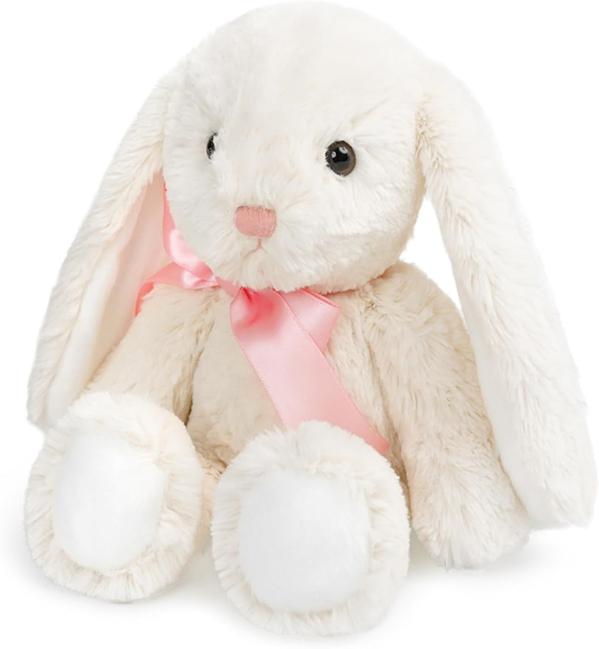 okegztoa Peluche de conejo color crema con lazo de cinta rosa y ore...