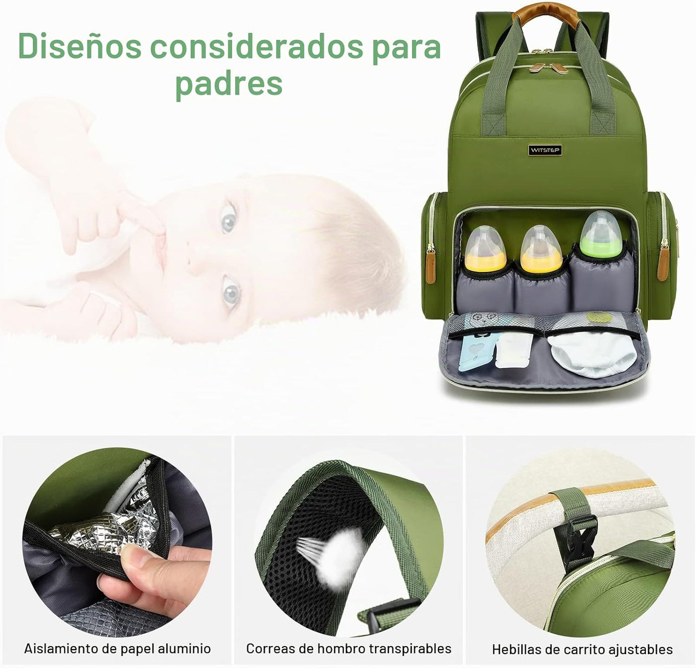 WITSTEP Mochila para pañales con cambiador, organizador de bolsas d...
