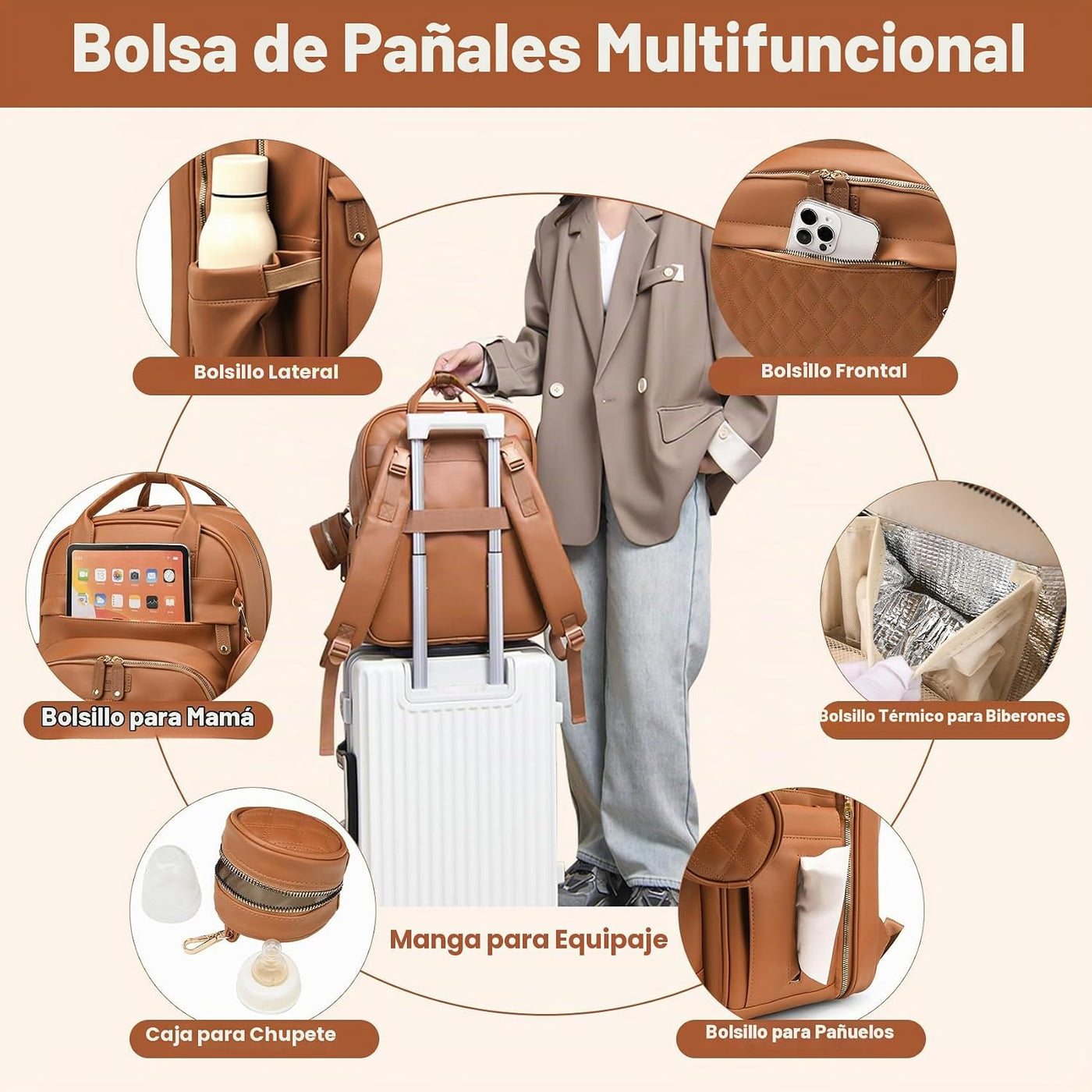 ANWTOTU Mochila de cuero para pañales para bebés con cambiador (mar...