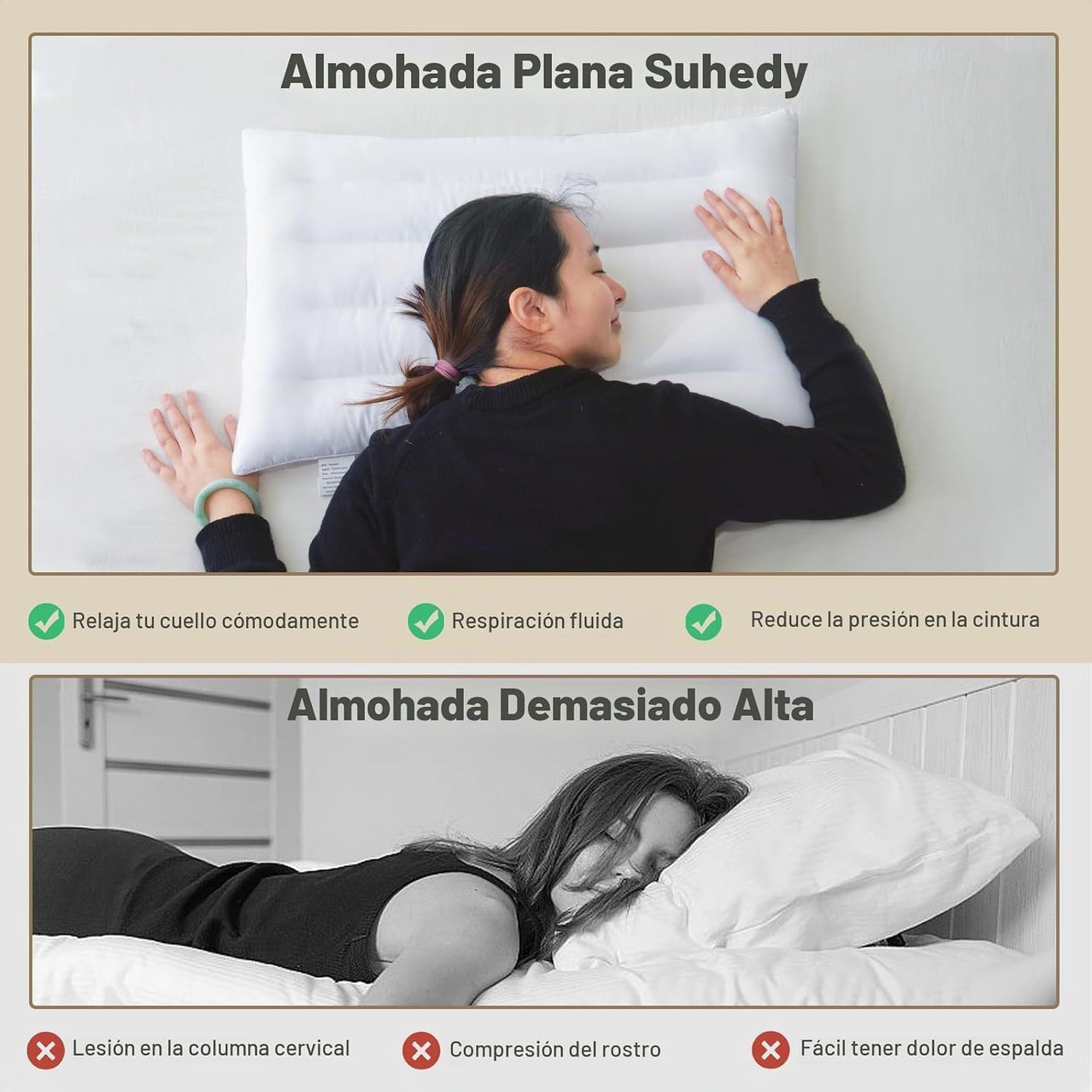 Suhedy Paquete de 2 almohadas delgadas para dormir boca abajo y esp...