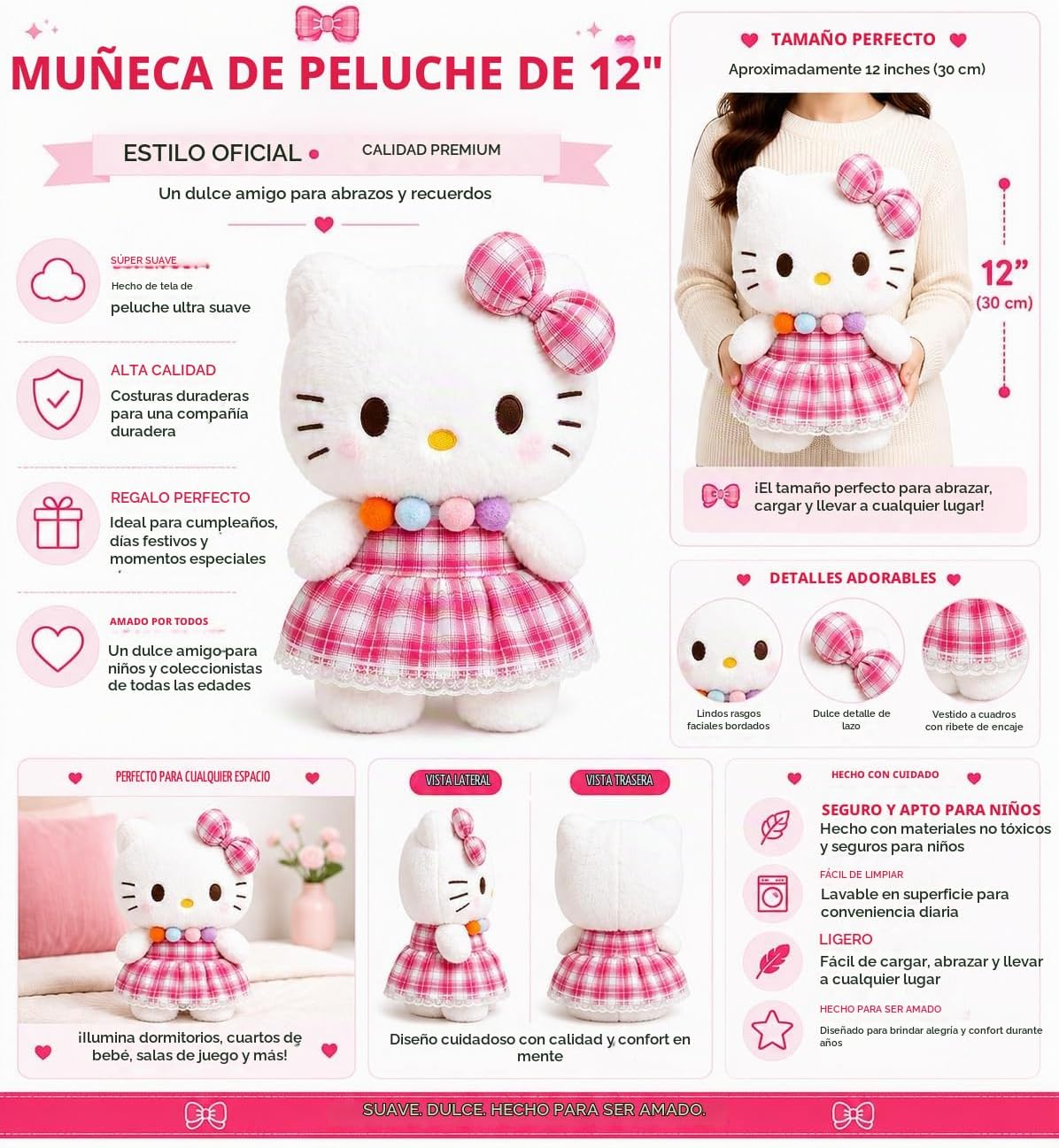 AlphaDesignLuxe Juguete de peluche de gatito con vestido rosa de 12...
