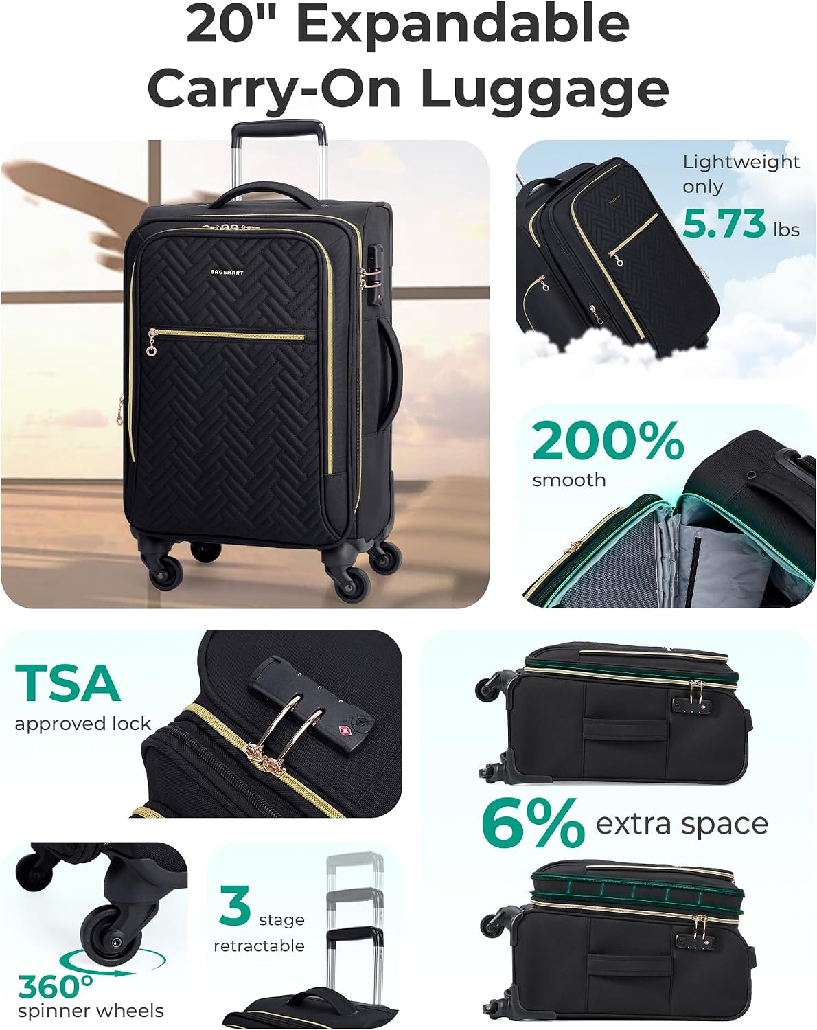 BAGSMART equipaje de mano giratorio expandible de 20 pulgadas, apro...