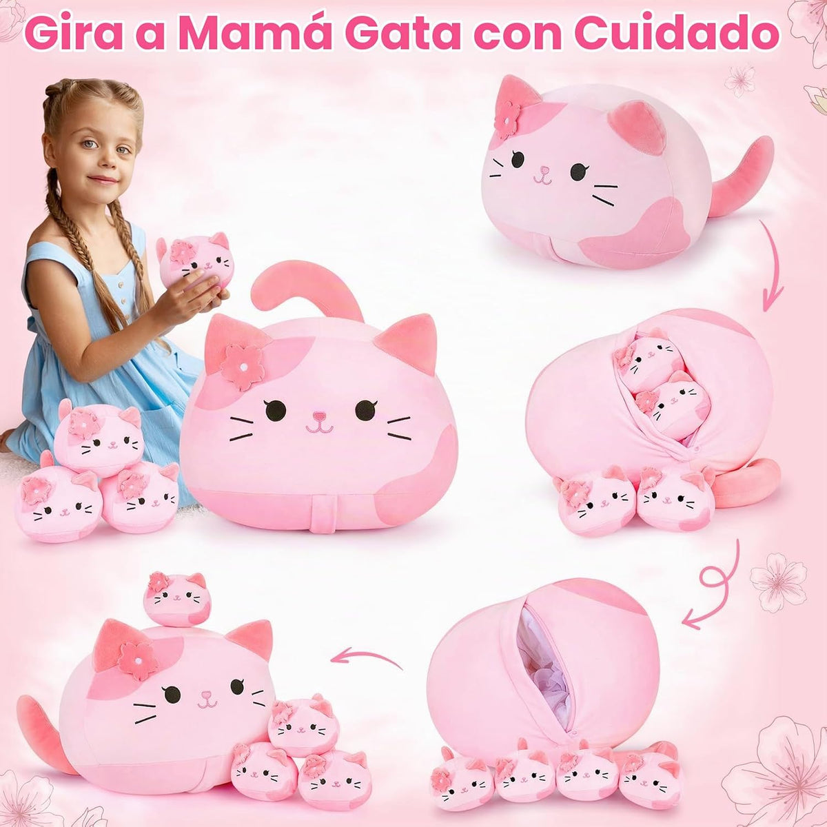 5 piezas de peluche de gato Sakura rosa, familia de animales de pel...
