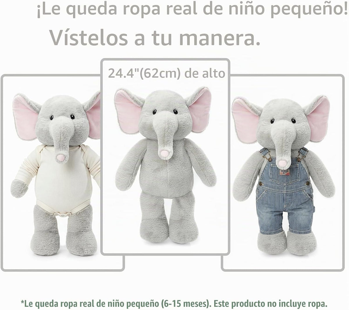 WEIGEDU Juguete de peluche de elefante de peluche aderezable, 24.4...