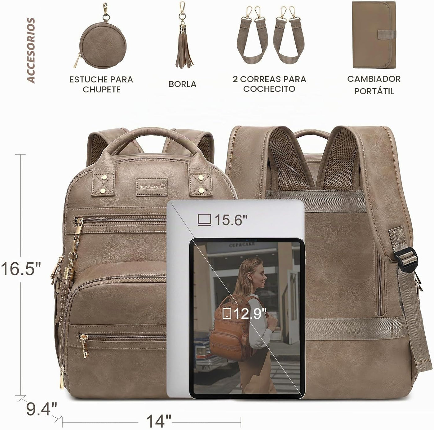 ROSEGIN Mochila para Pañales de Cuero Vegano Premium con Cambiador...