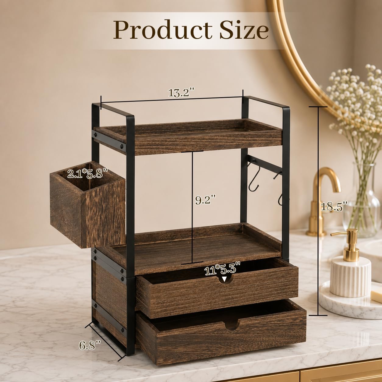 Organizador de encimera de baño de 2 niveles con 2 cajones, cesta y...