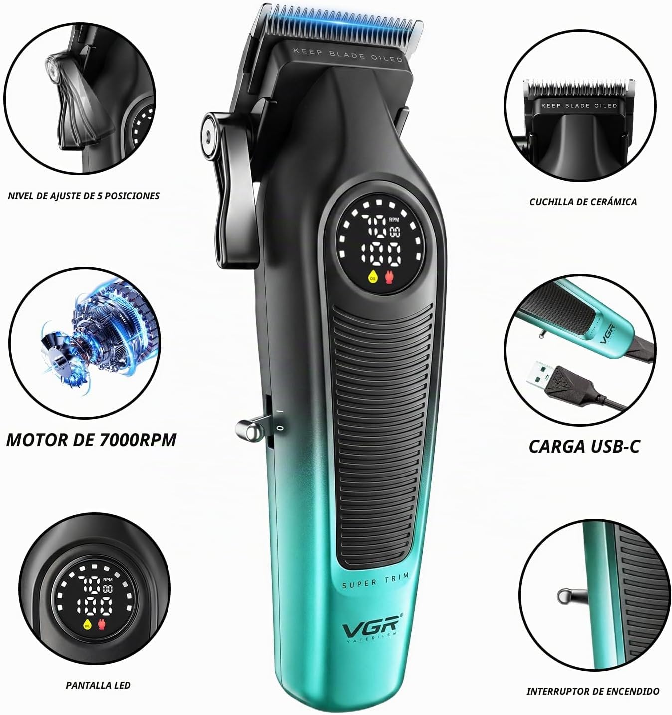 VGR V-196 - Cortapelos para hombres, inalámbrica, profesional, con...