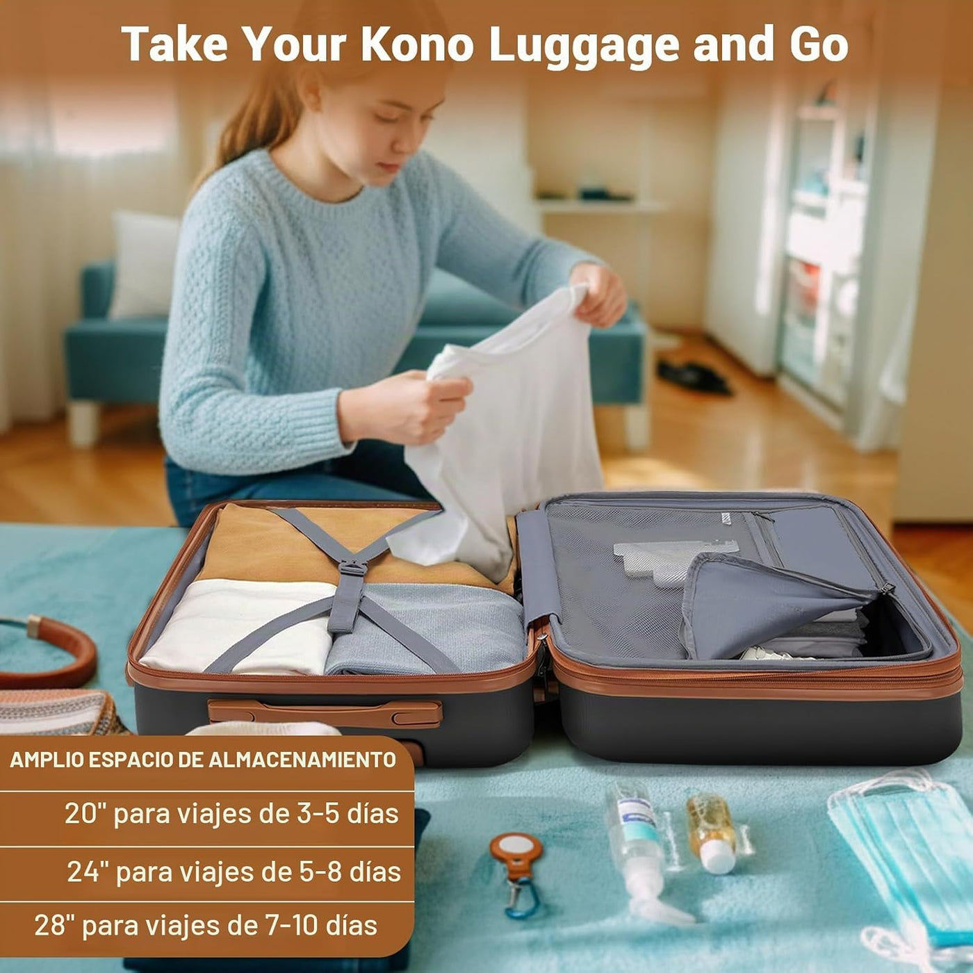Kono Equipaje de viaje rígido expandible con ruedas giratorias, lig...