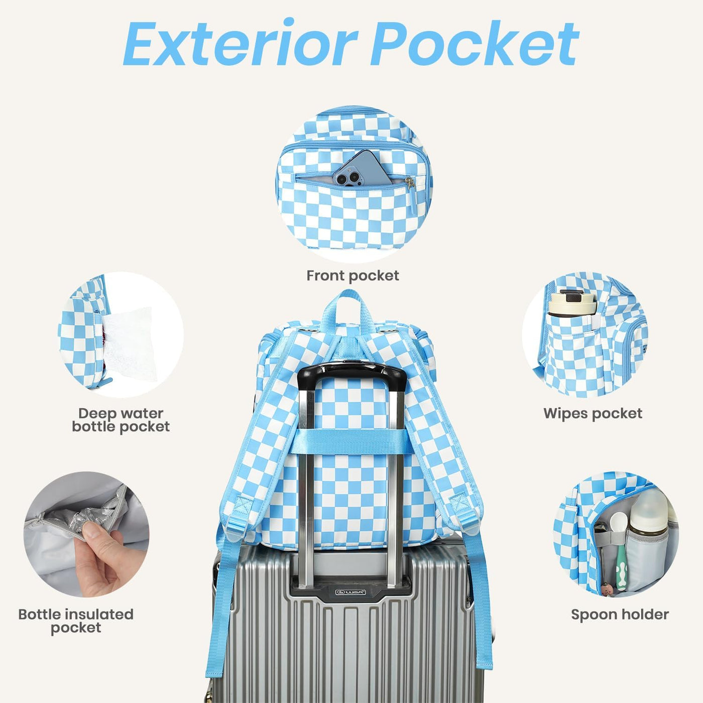 FHELAD Mochila de pañales a cuadros con cambiador y clips para coch...