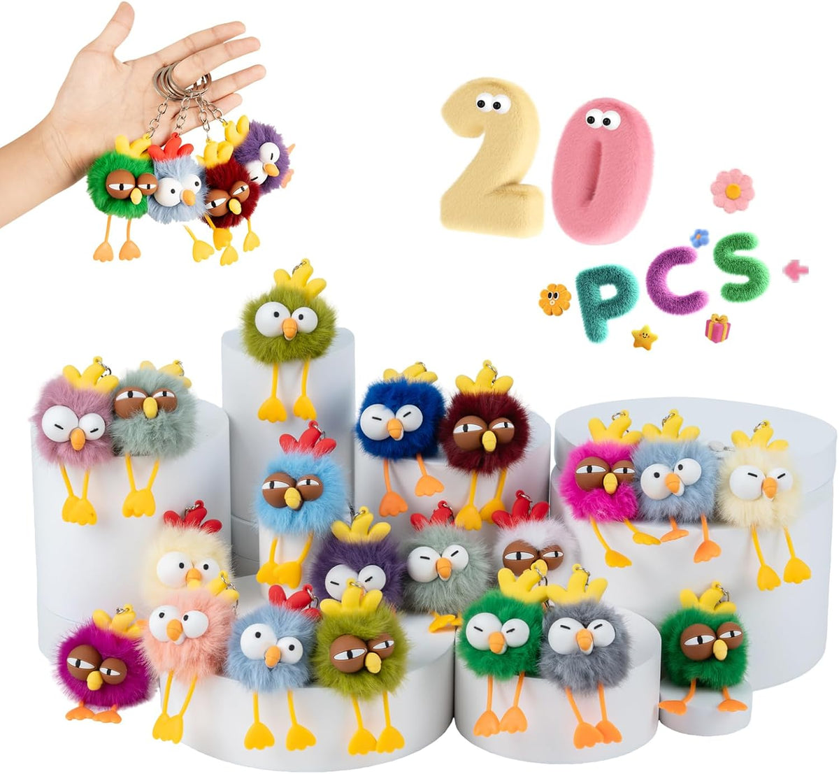 OMyFav 20 llaveros esponjosos de pollo, llavero de felpa a granel,...