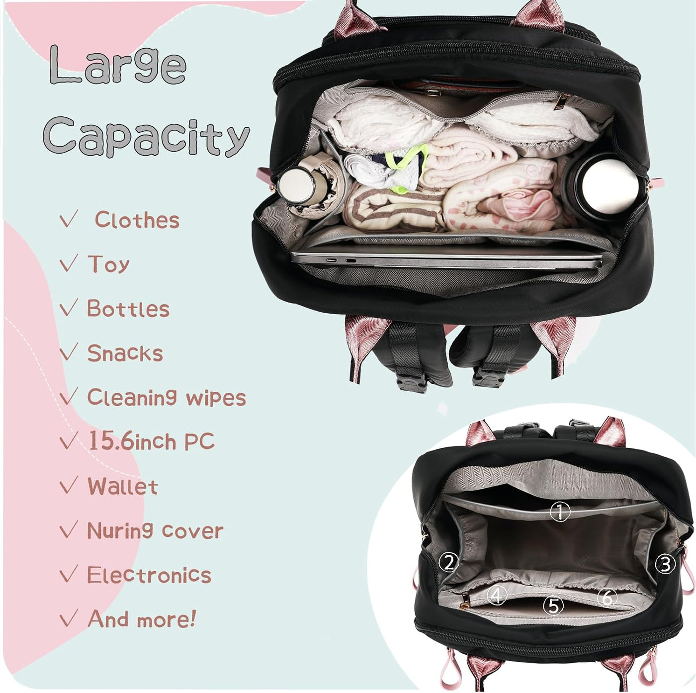 LORADI Mochila grande para pañales de 18 bolsillos, color negro | C...
