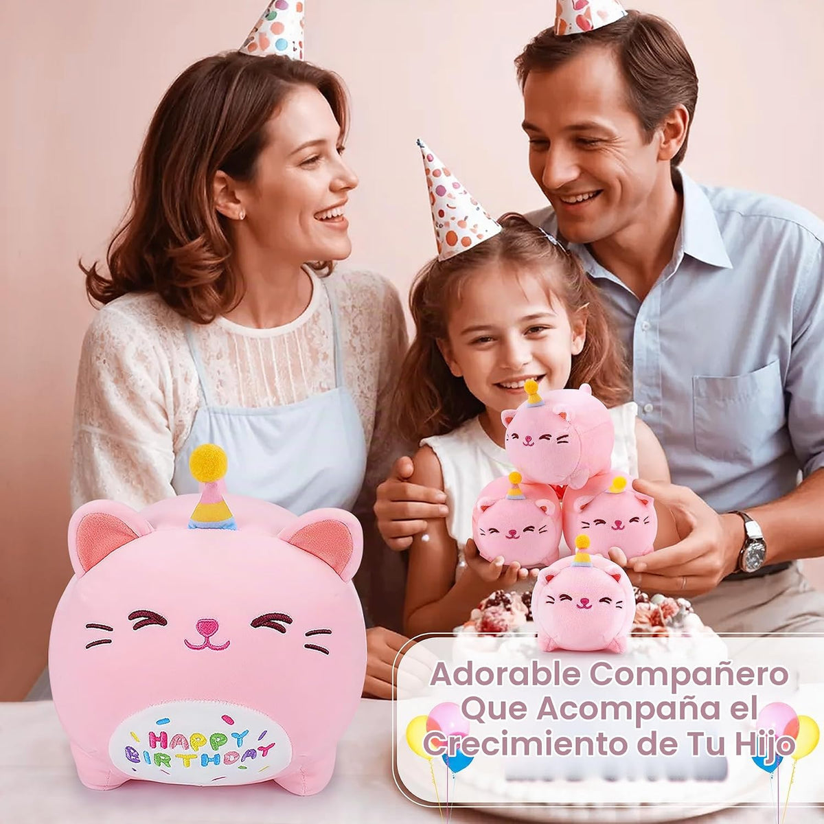 Peluche de Gato Rosa de Cumpleaños, 5 Piezas Familia de Animales de...