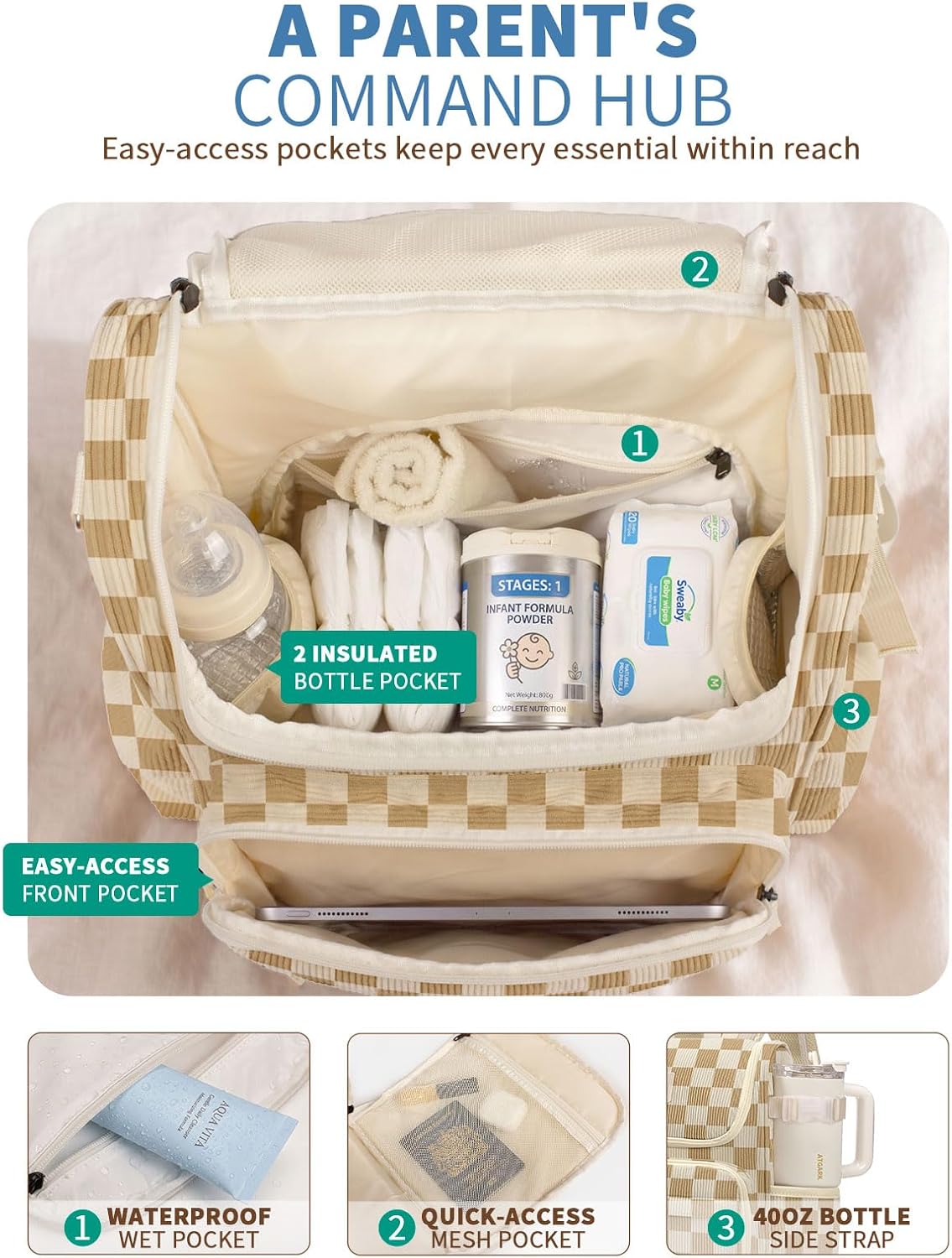 suwarble Mochila grande de pana para pañales para mamá, mochila de...
