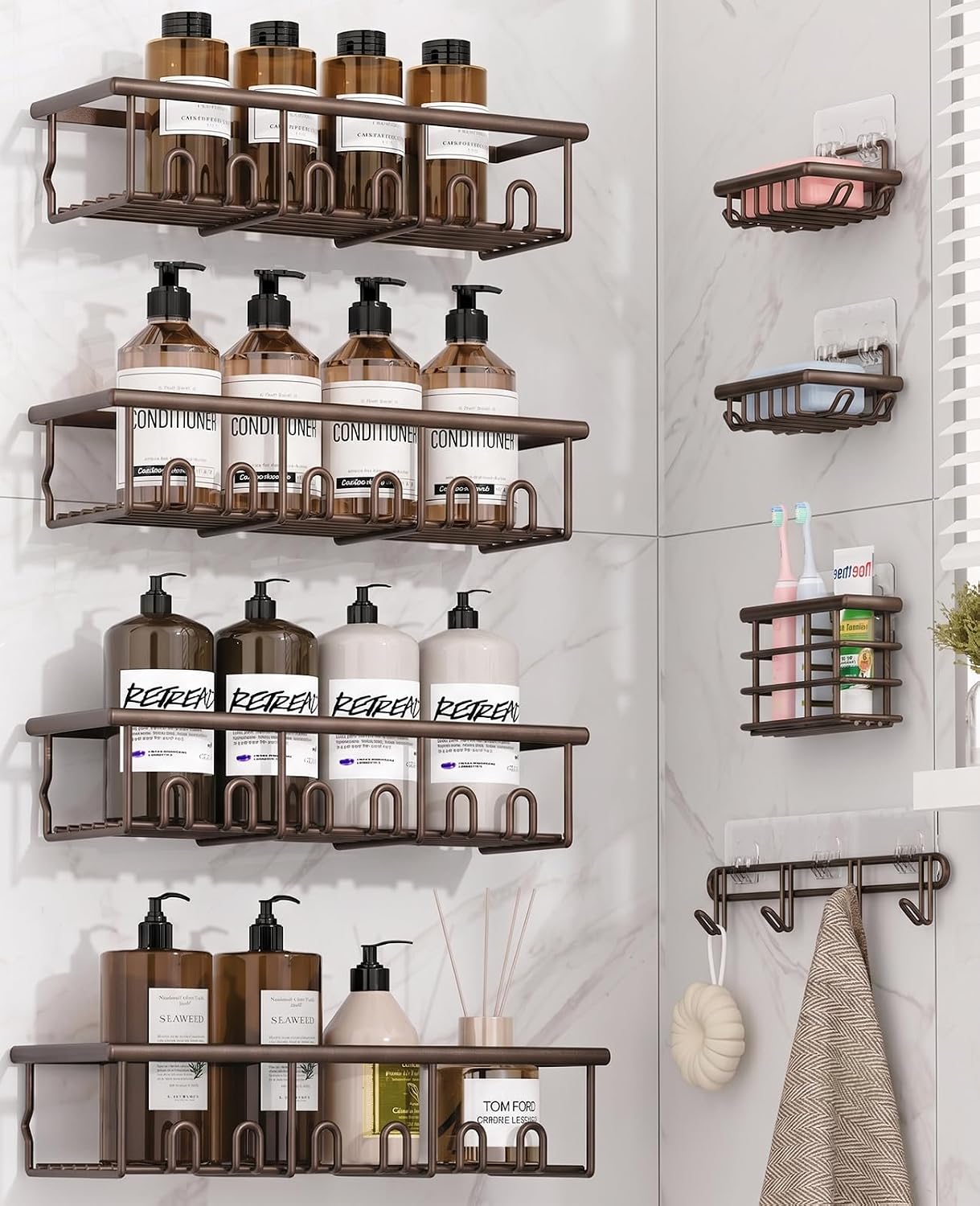 Zeawec Paquete de 8 estantes de ducha adhesivos a prueba de óxido c...