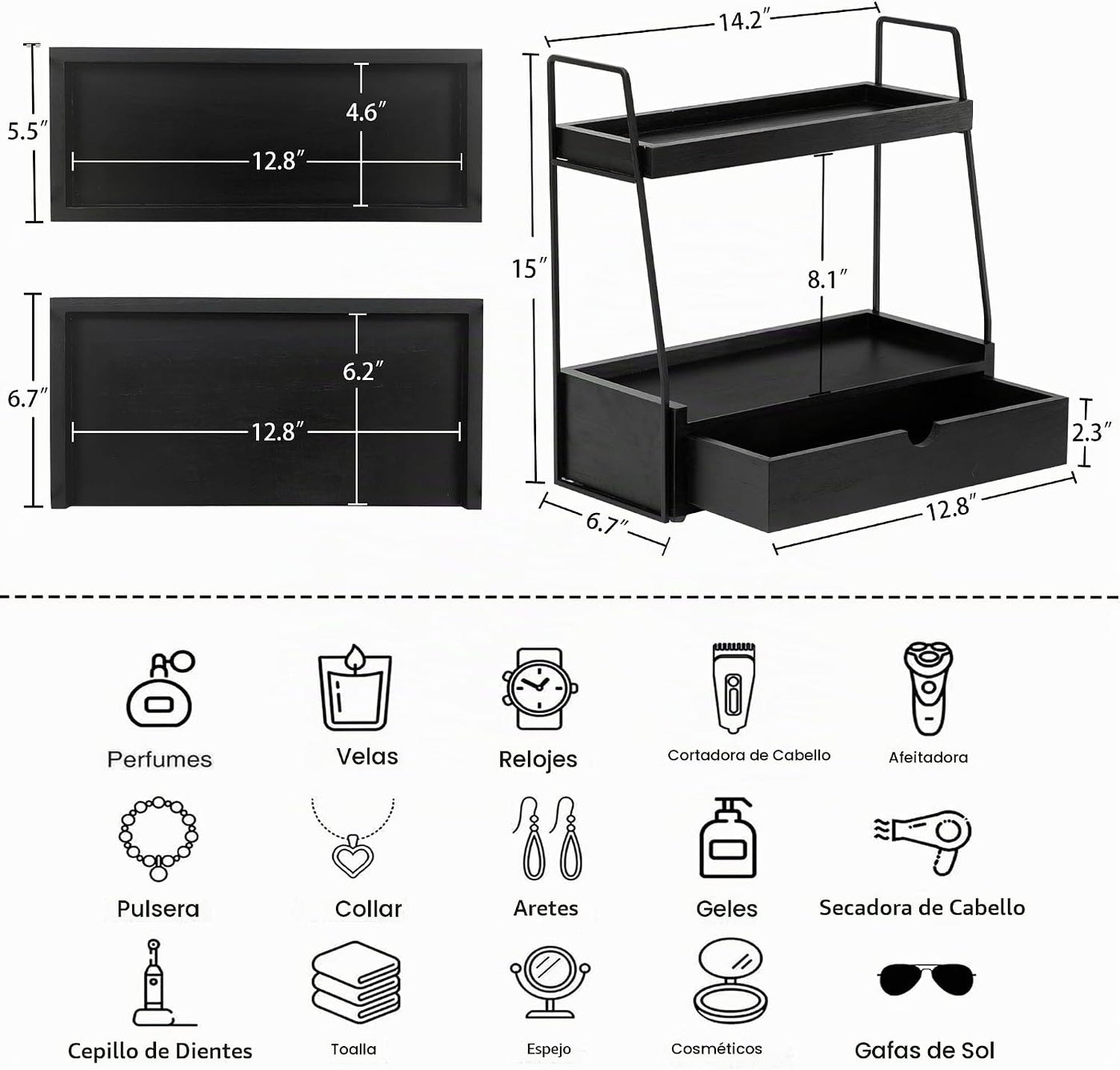 Organizador de encimera de baño de 2 niveles con cajón, estante de...
