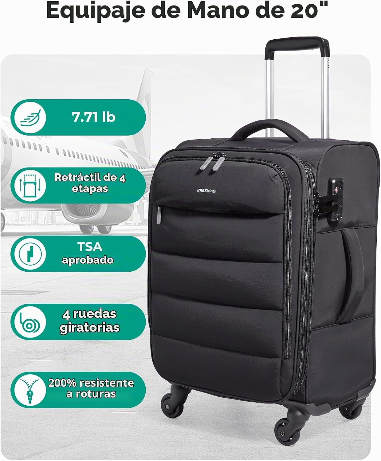 BAGSMART Equipaje de mano debajo del asiento aprobado por aerolínea...