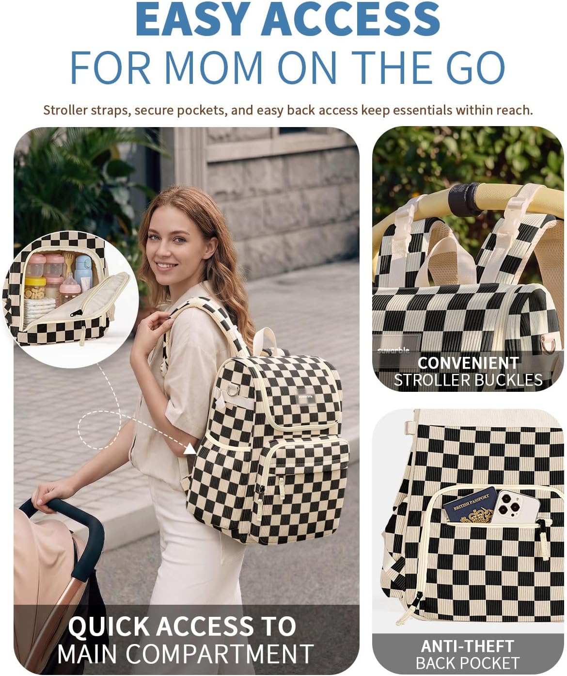 suwarble Mochila grande de pana para pañales para mamá, mochila de...