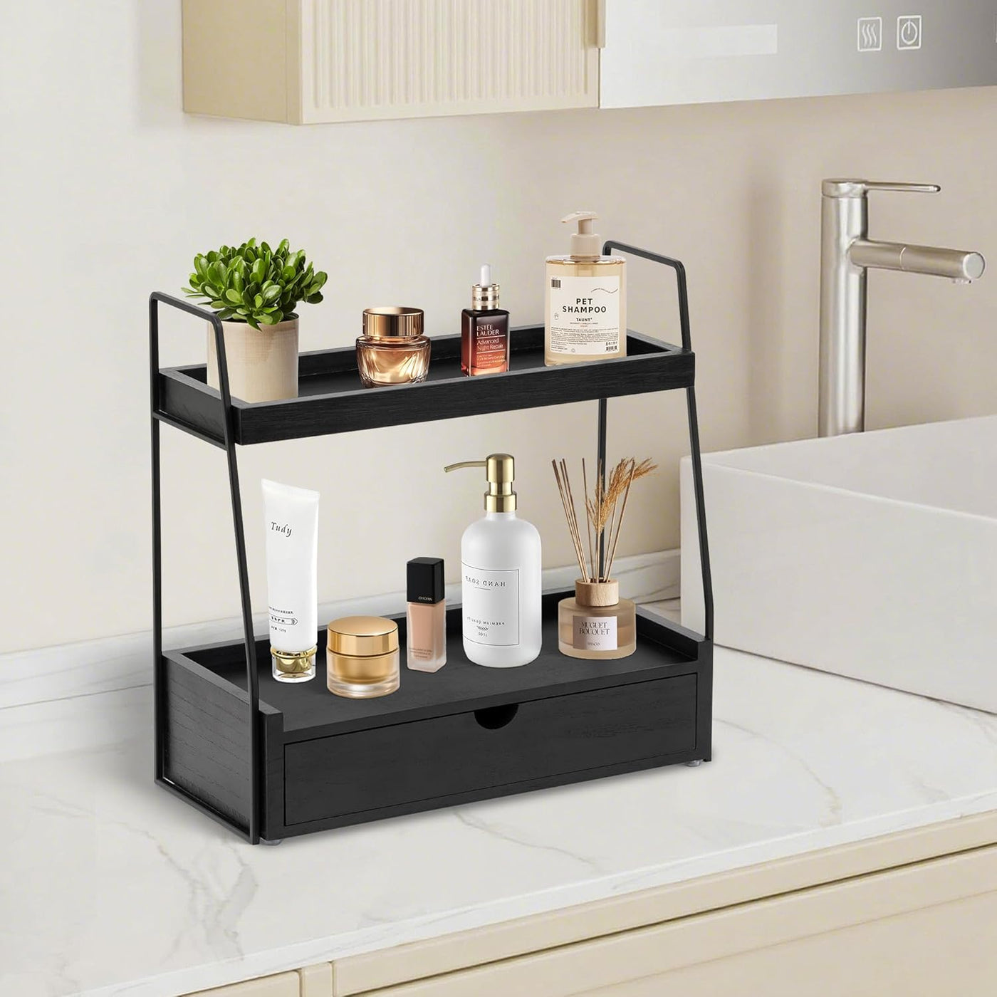 Organizador de encimera de baño de 2 niveles con cajón, estante de...