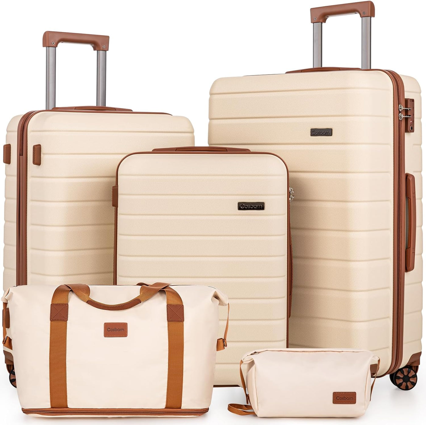 Cosbarn Juegos de equipaje de 5 piezas maletas con ruedas, Beige, M...