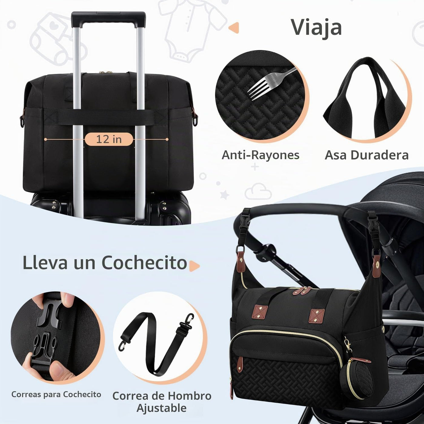 Tenot Bolsa de pañales para bebé, bolsa de viaje para pañales con f...