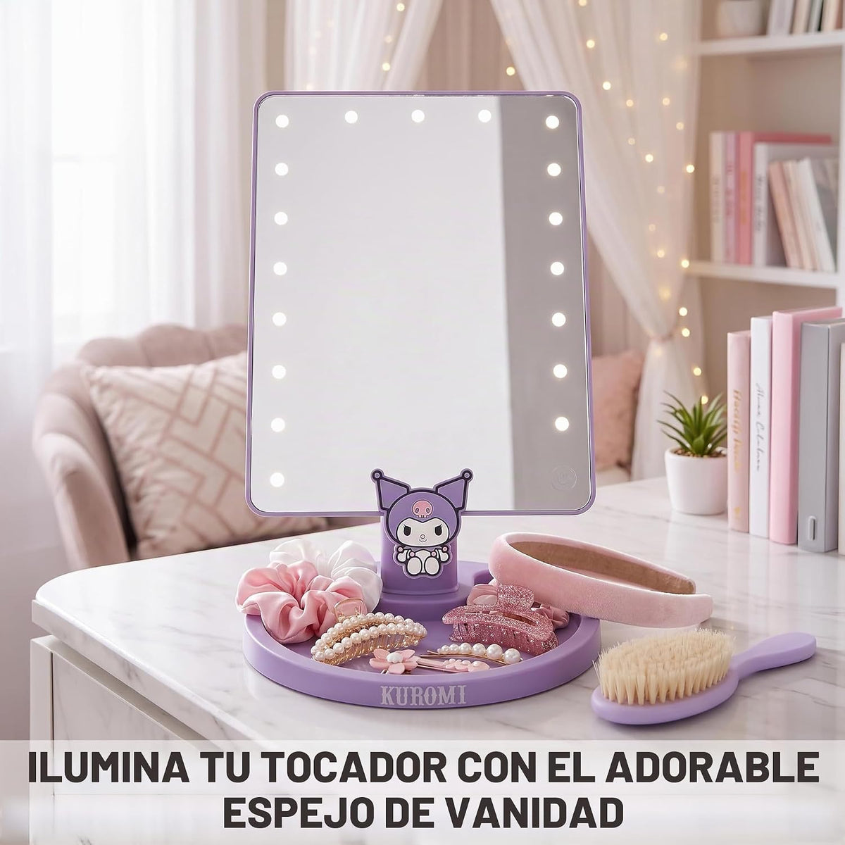 Get Trend Hello Kitty Kuromi Espejo de maquillaje para niñas con lu...