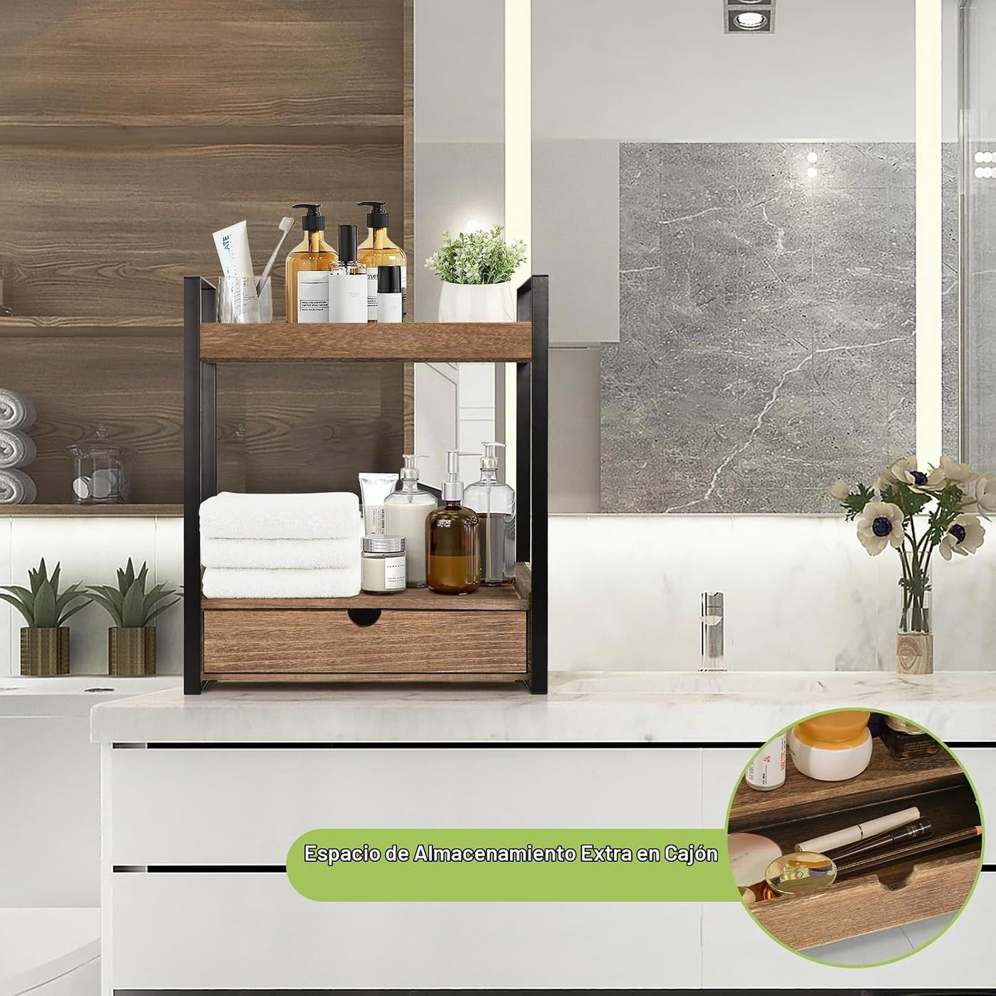 Organizador de baño de 2 niveles para encimera con cajón, estante d...