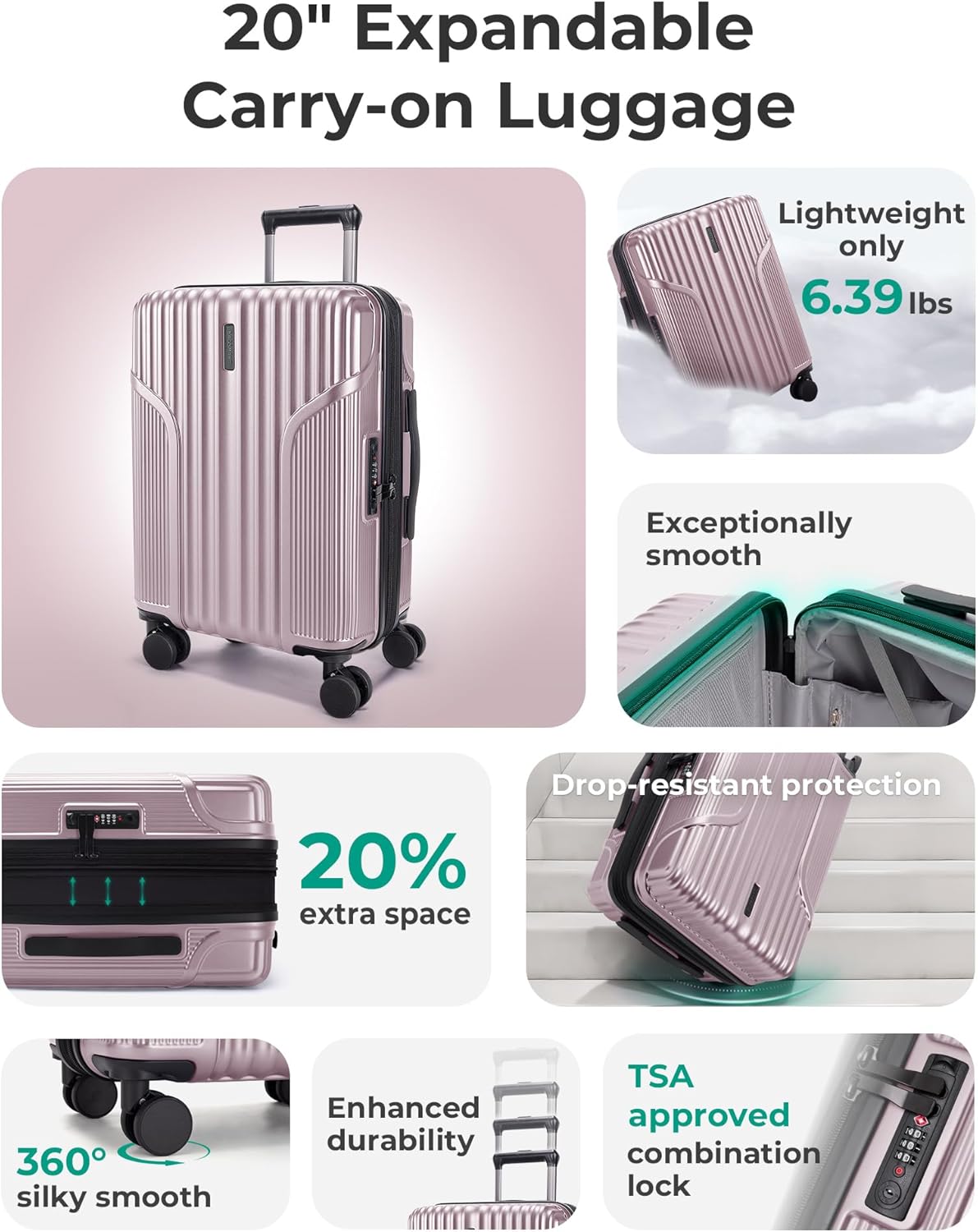 BAGSMART - Maleta de mano 22 x 14 x 9 aprobada por aerolínea, malet...