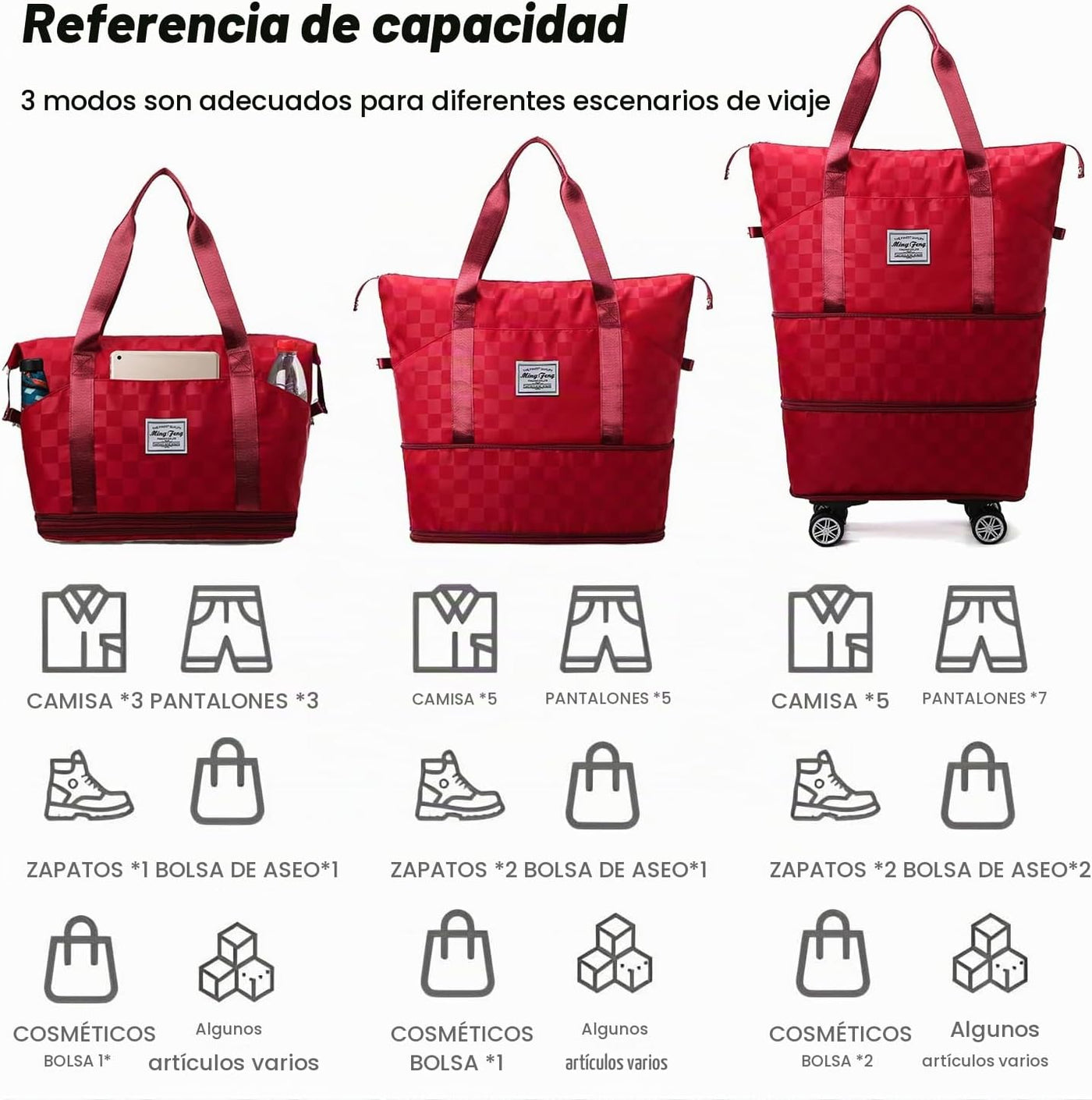 Bolsas de lona expandibles y plegables, con ruedas desmontables, bo...
