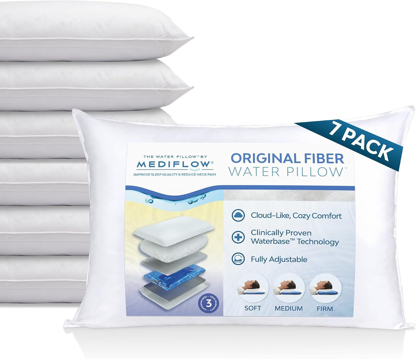 Mediflow Almohada de fibra de agua - Almohada de cama ajustable par...