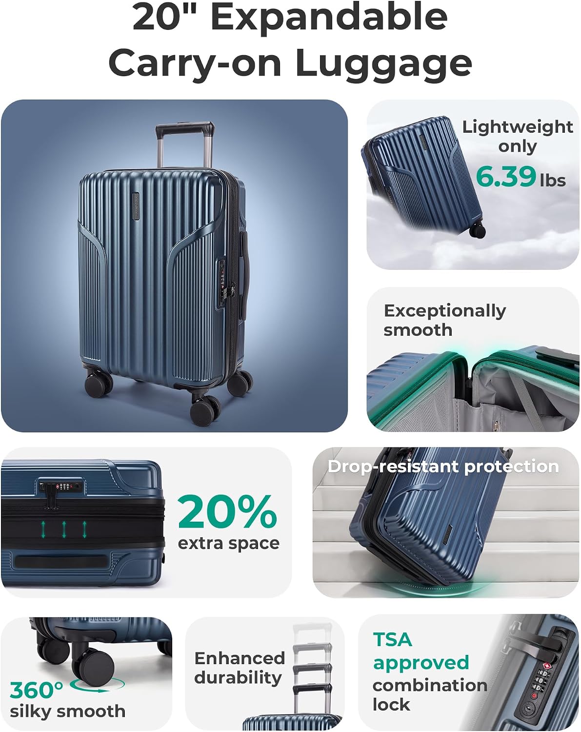 BAGSMART - Maleta de mano 22 x 14 x 9 aprobada por aerolínea, malet...