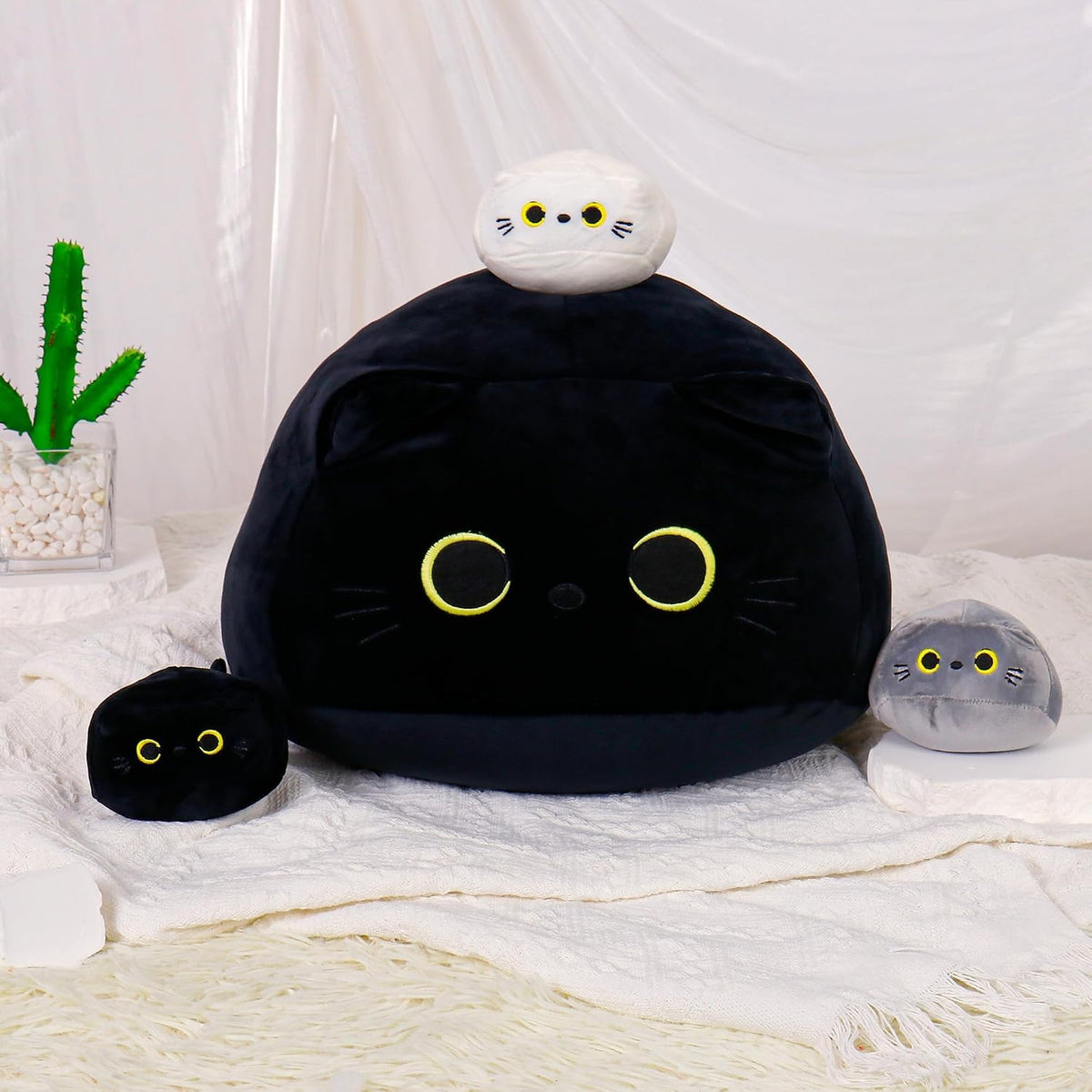 WeBingo Juego de 4 piezas de peluche de gato negro, almohada de pel...