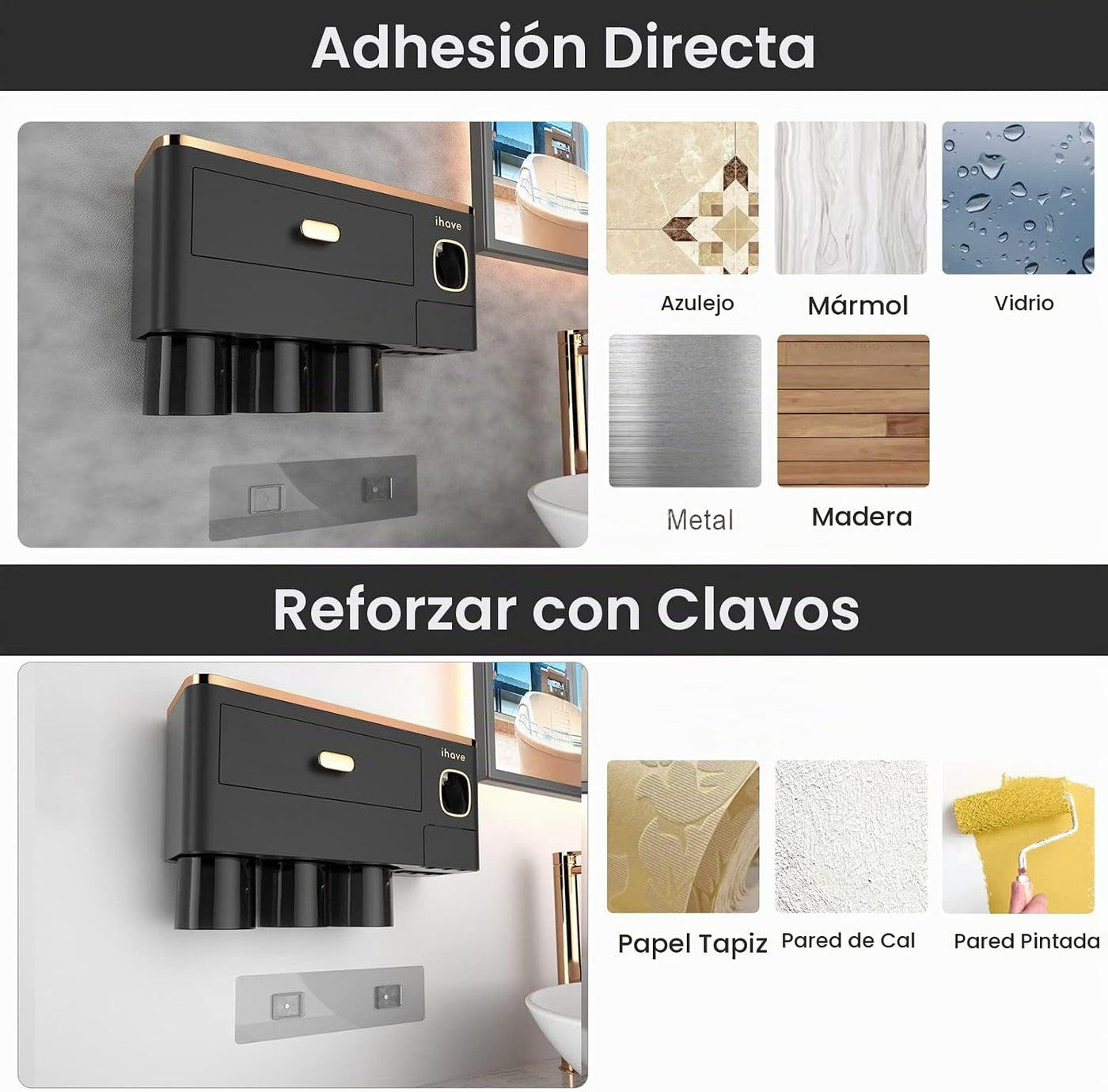 iHave - Portacepillos de dientes de pared para baños con dispensado...