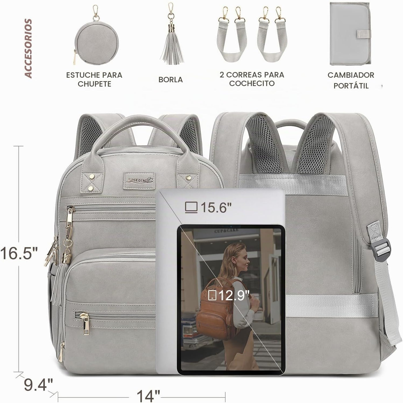 ROSEGIN Mochila para Pañales de Cuero Vegano Premium con Cambiador...
