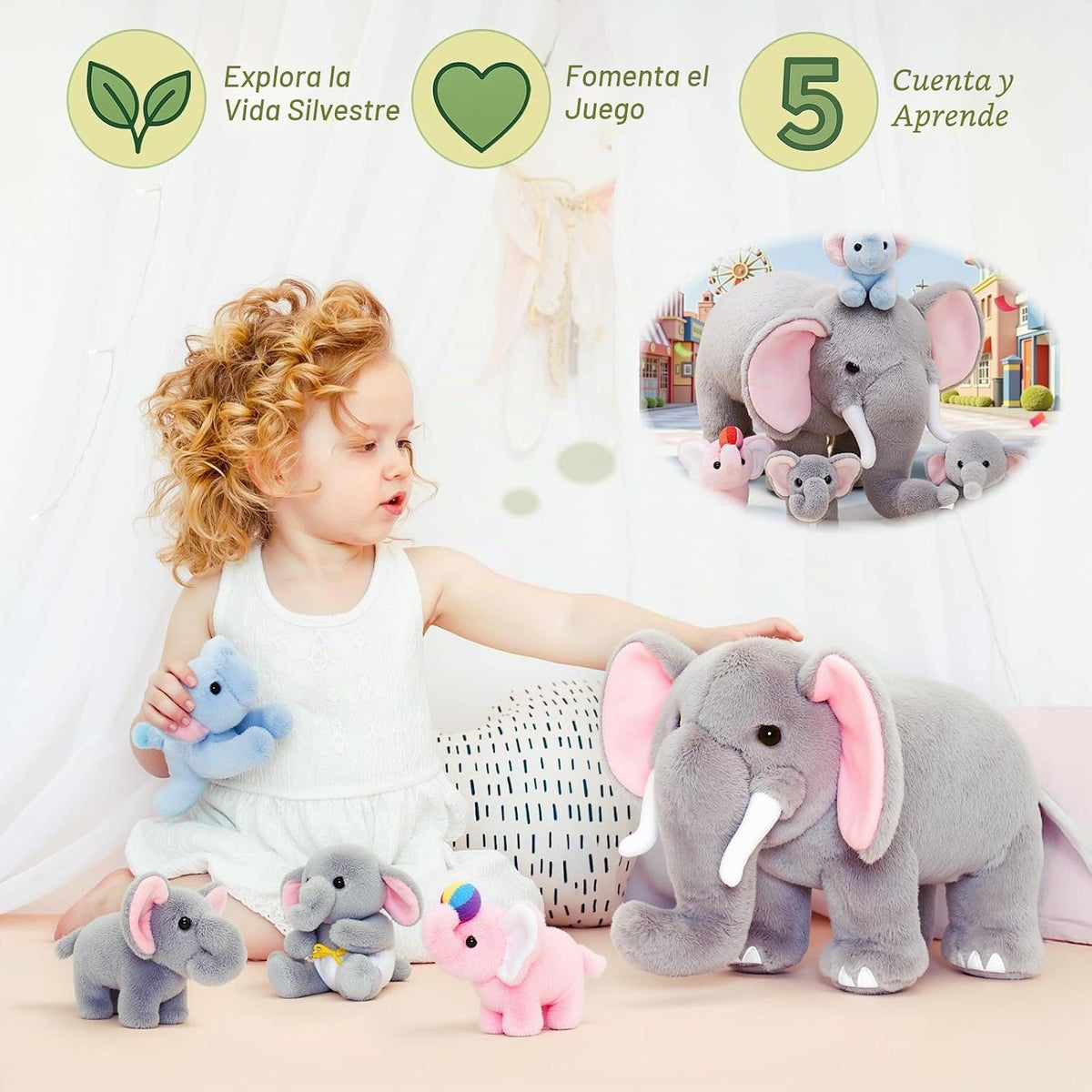 OUOZZZ Animal de peluche de elefante con 4 elefantes bebés, juego d...