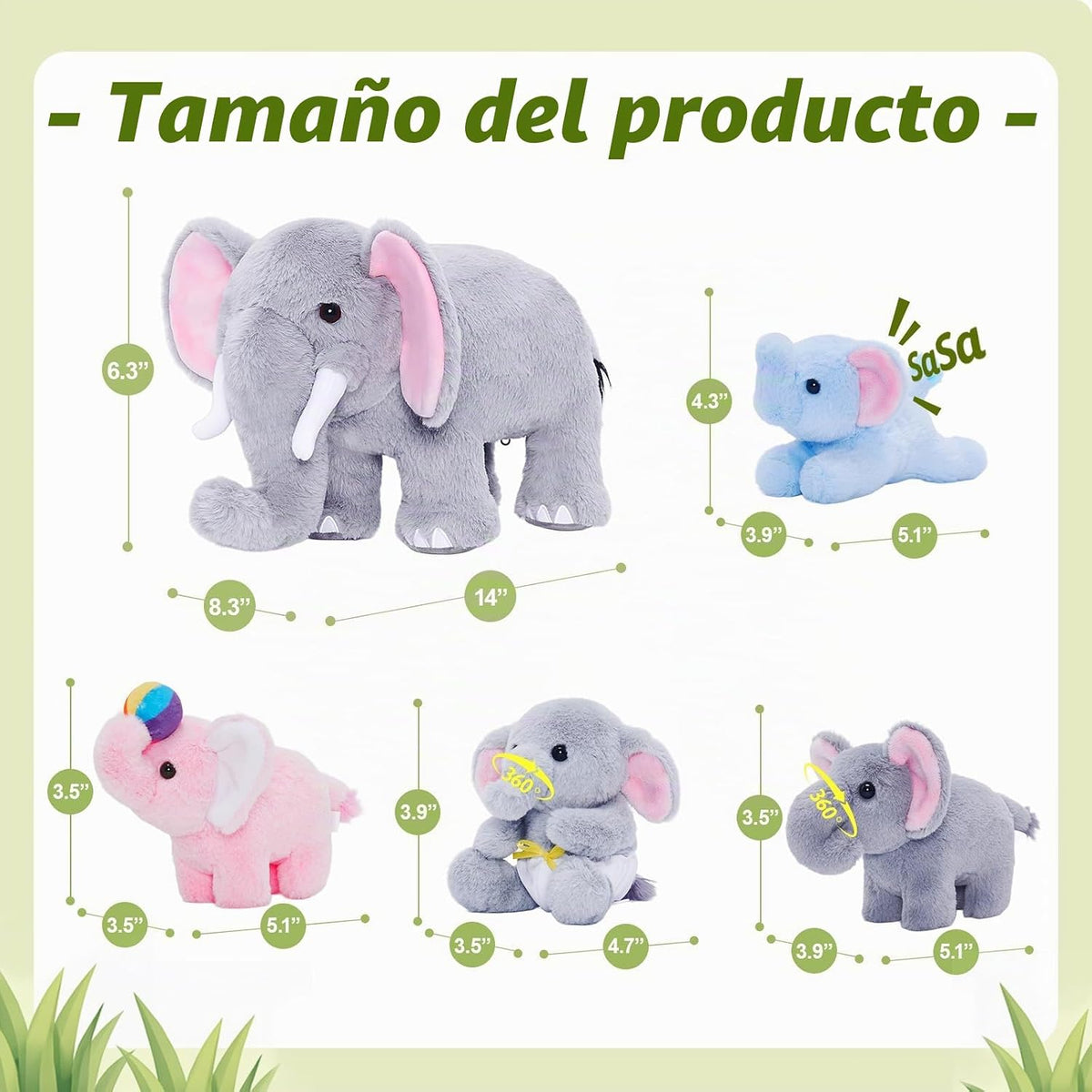 OUOZZZ Animal de peluche de elefante con 4 elefantes bebés, juego d...