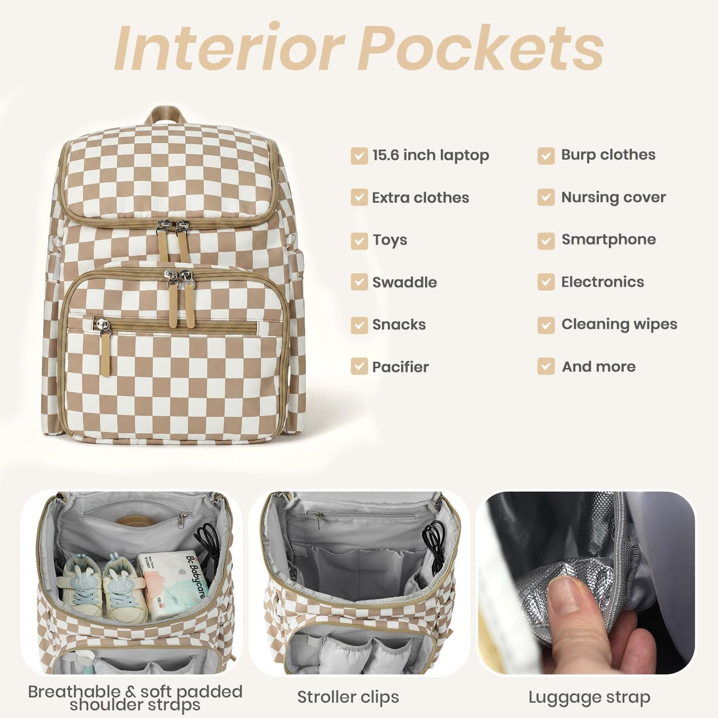 FHELAD Mochila de pañales a cuadros con cambiador y clips para coch...
