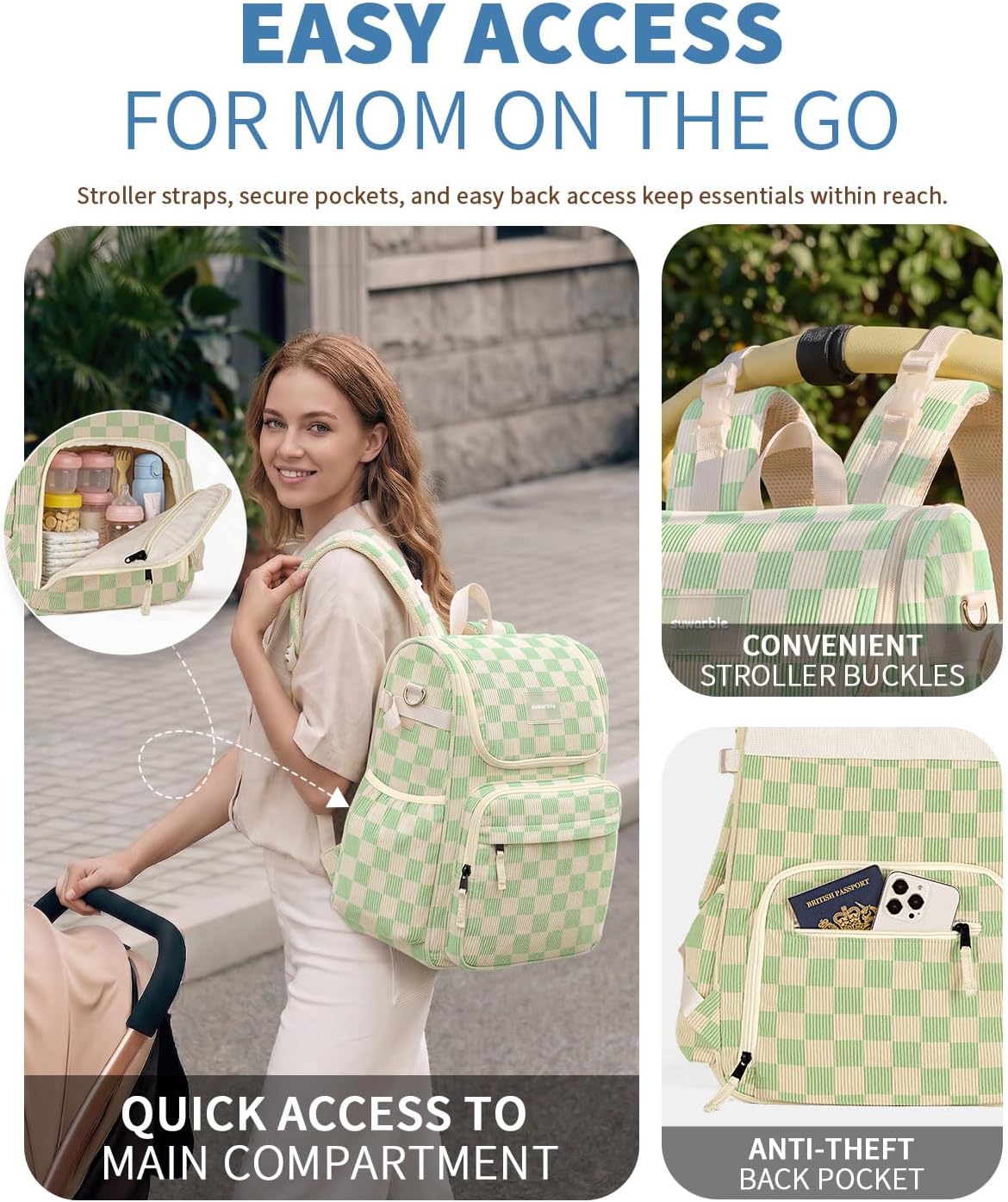 suwarble Mochila grande de pana para pañales para mamá, bolsa de vi...